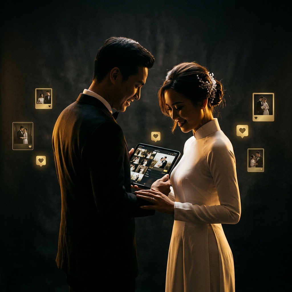 Cặp đôi xem album chọn ảnh trên tablet